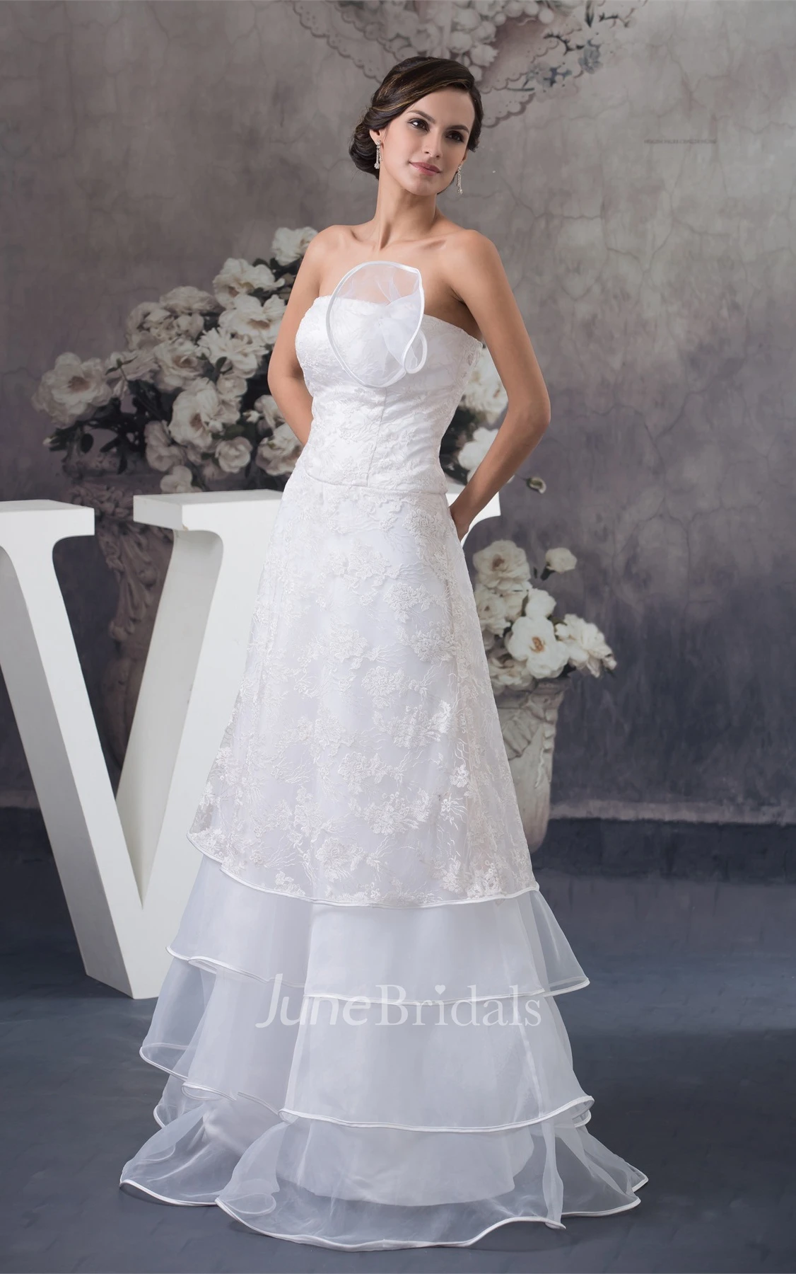 Strapless Ruched A-Line Gown with Appliques and Flower