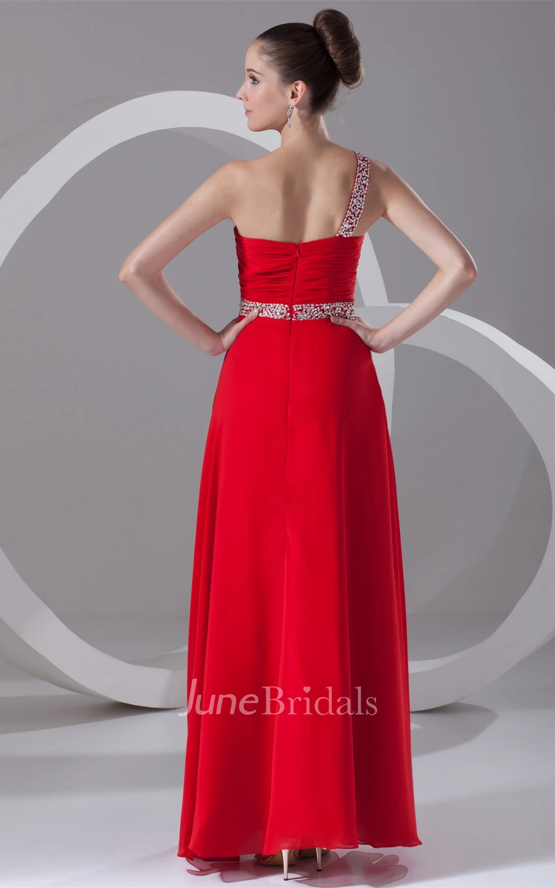 one-shoulder ankle-length chiffon dress with cross beading and ruching