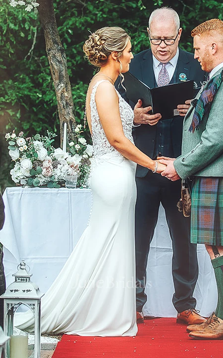 Mermaid V-neck Satin Simple Spring Wedding Dress With Sweep Train And Low-V Back