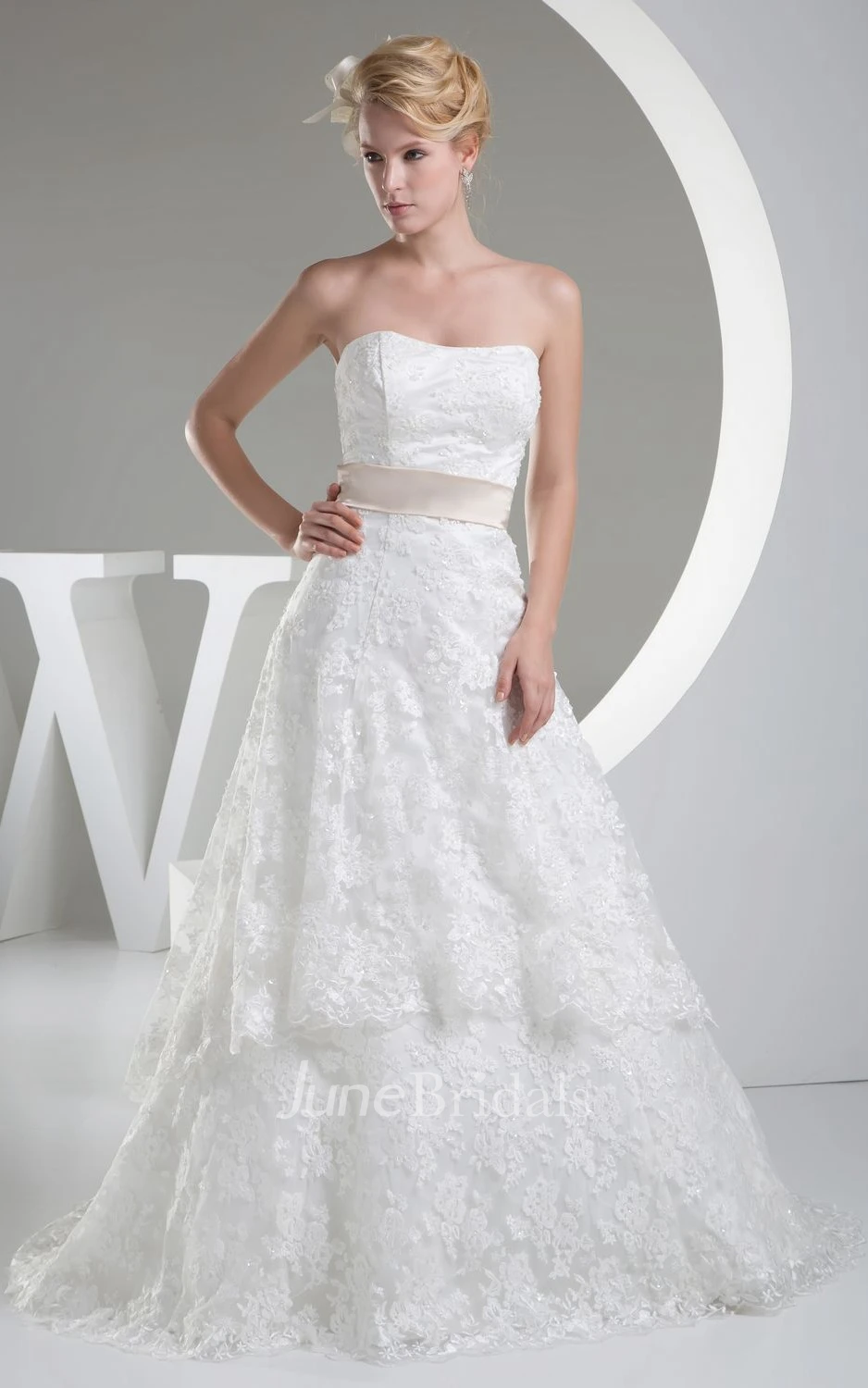 Strapless Lace A-Line Dress With Satin Waist and Bolero