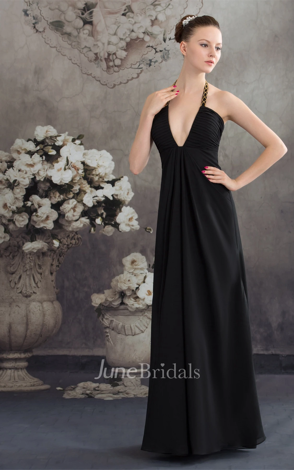 Sexy Sleeveless Deep-V-Neck Ruched A-Line Dress with Zipper Back