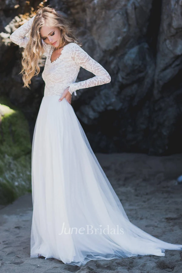 Long Sleeve Chiffon Tulle Lace Wedding Dress