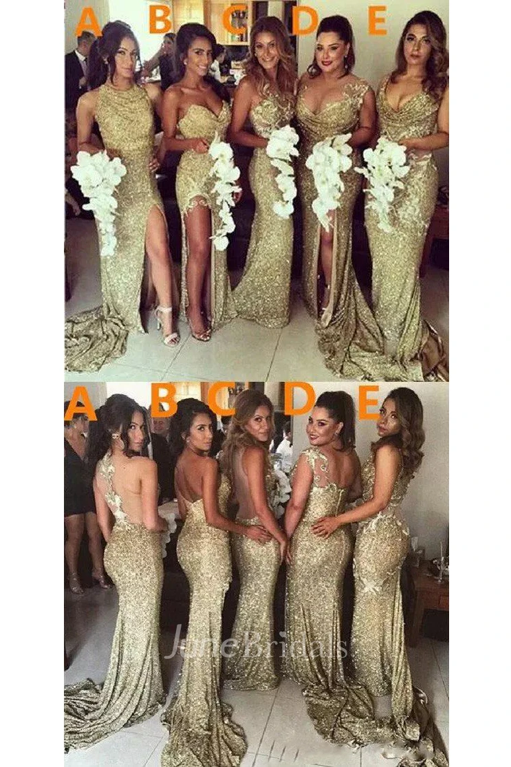 A-line Halter Sleeveless Floor-length Sequins Bridesmaid Dress with Sequins and Split Front