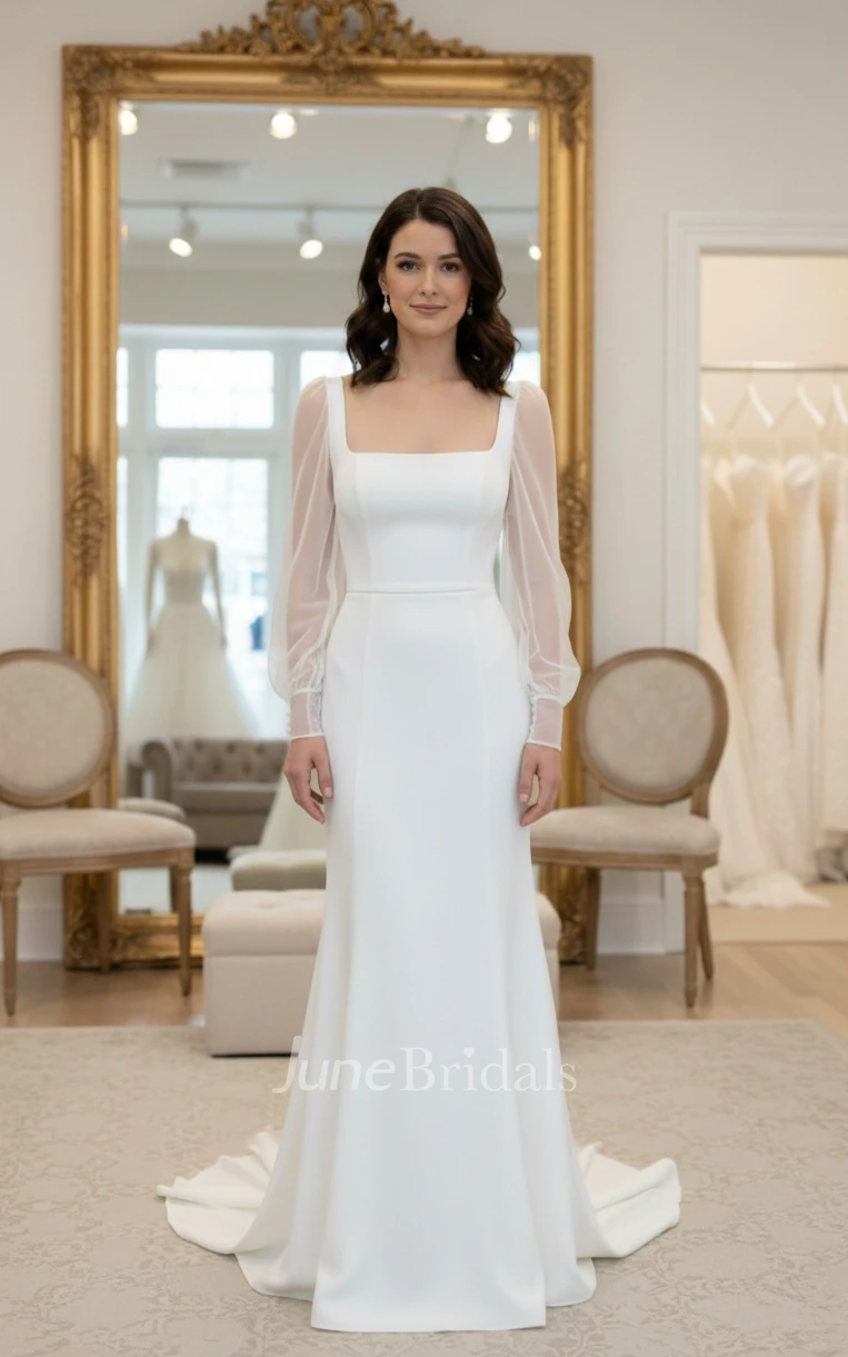 Modern Minimalist Mermaid Satin Long Sleeve Spring Wedding Dress Square Neck Open Back Bridal Gown