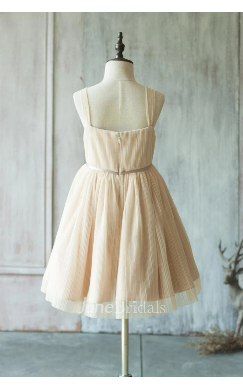 Beige Spaghetti Strap V Neck a Line Knee Length Tulle Girl Wedding Dress