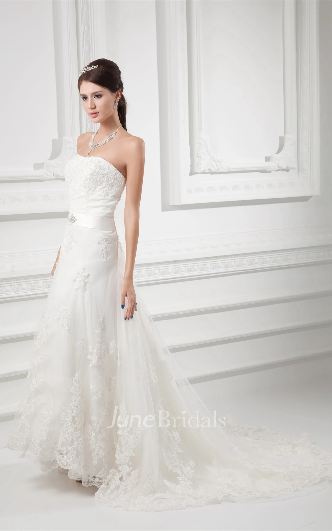 strapless maxi lace dress with court train and broach