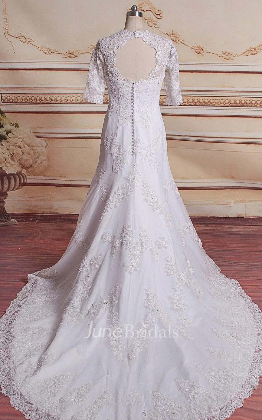 Trumpet Chapel Train Lace Satin Dress With Beading Appliques Keyhole Back