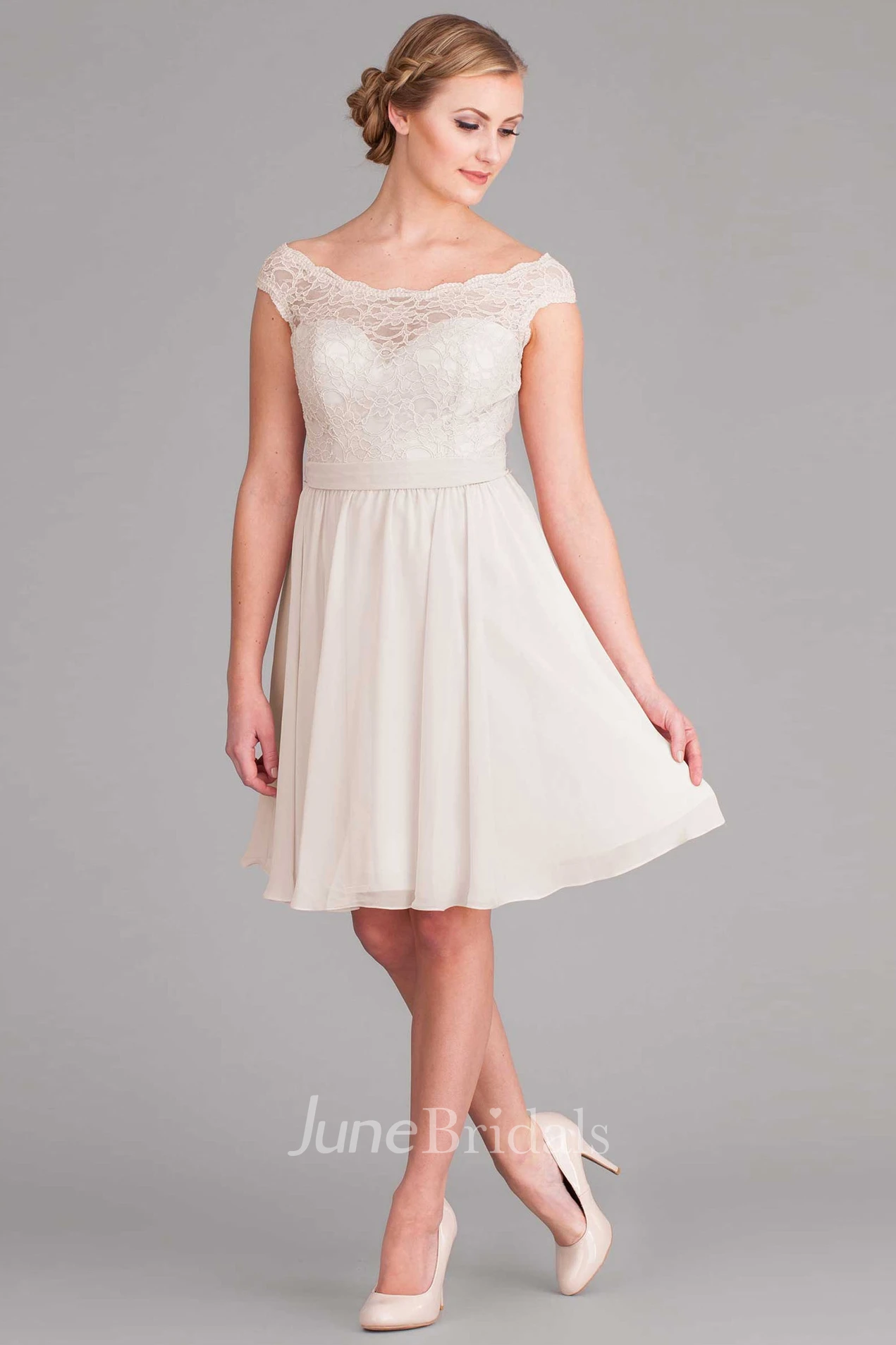 Off-The-Shoulder Midi Cap-Sleeve Lace Chiffon Wedding Dress