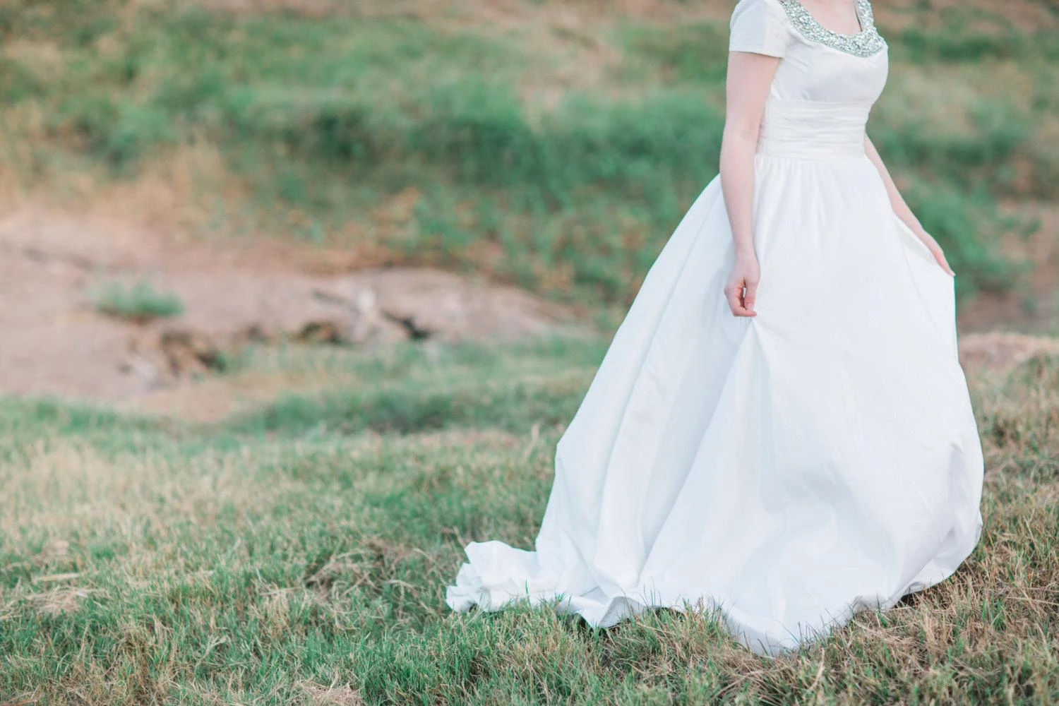 Modest Short Sleeve Beaded Square Neck Ruched A-Line Taffeta Wedding Dress