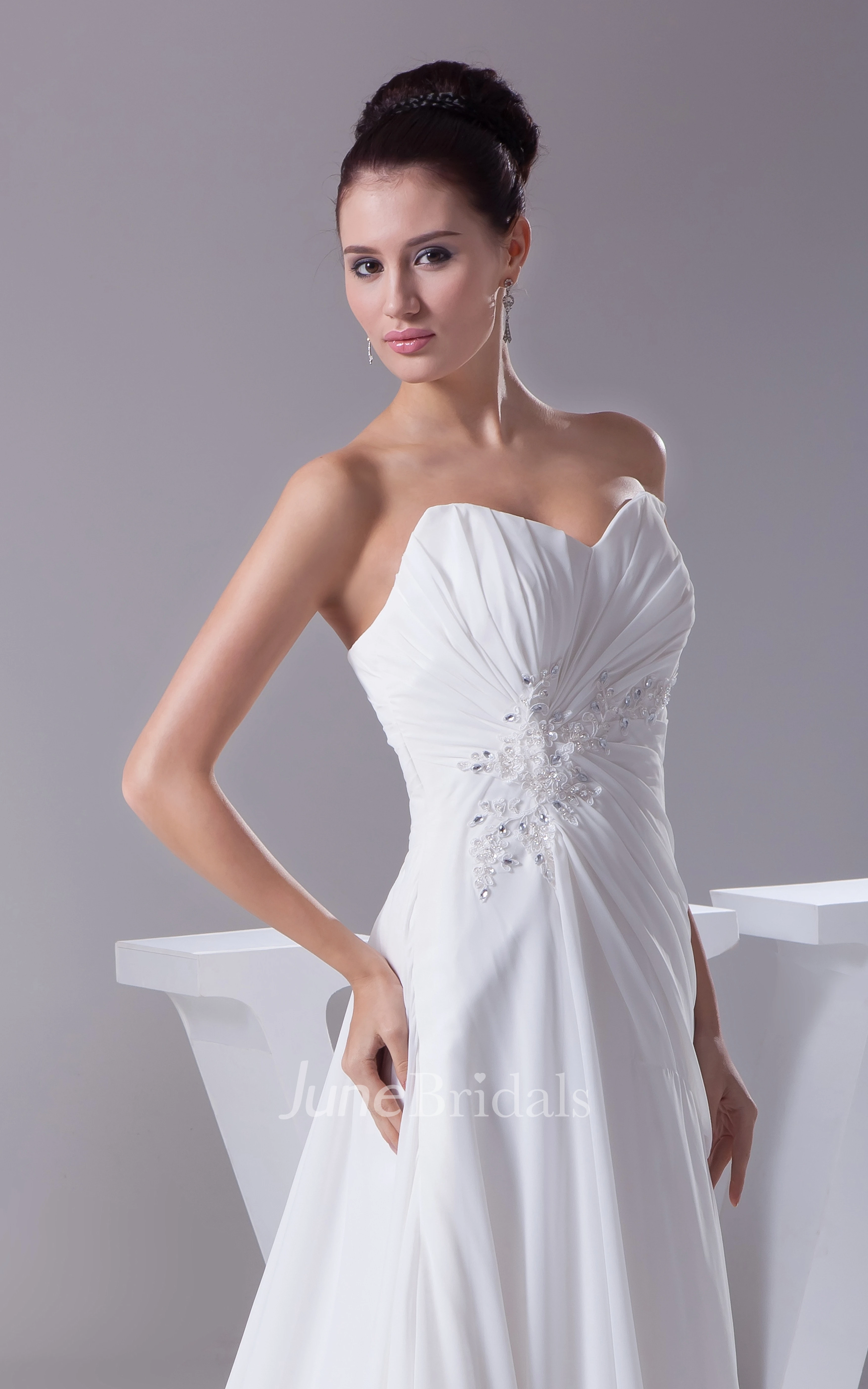 Strapless Chiffon Maxi Dress With Central Ruching and Beading