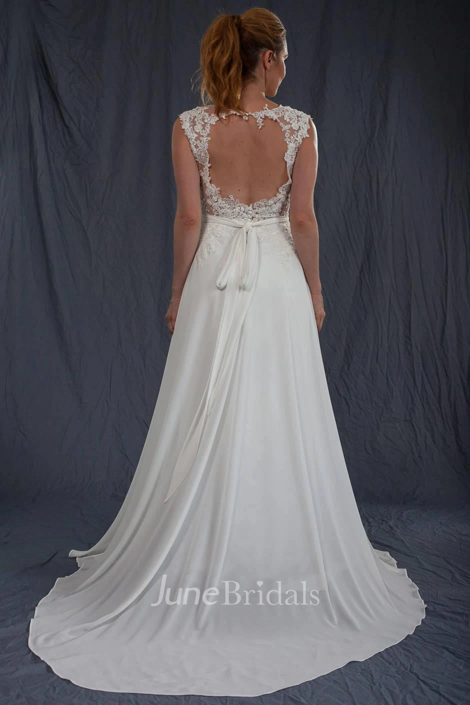 Plunged Cap-Sleeve Sleeveless Chiffon Wedding Dress With Keyhole And Appliques