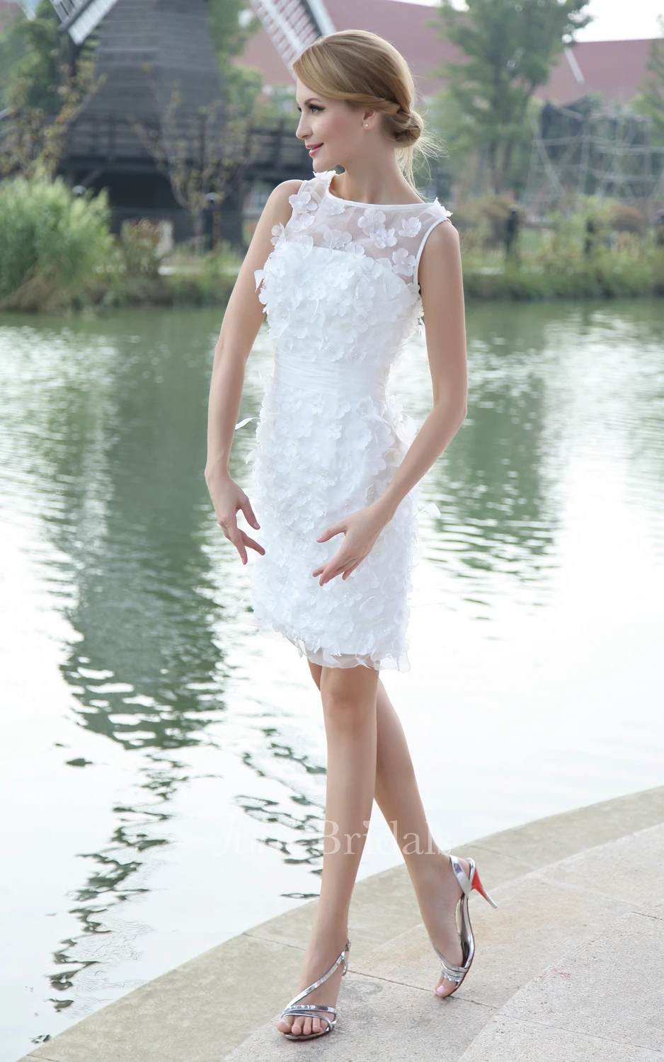 Stylish Bateau-Neck Organza Bodycon Gown With Flowers