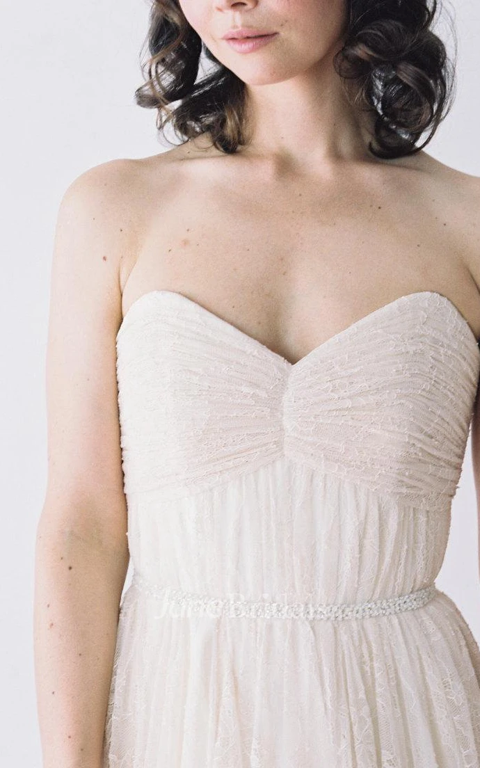 Long Sweetheart A-Line Lace Wedding Dress With Ruching and Pleats