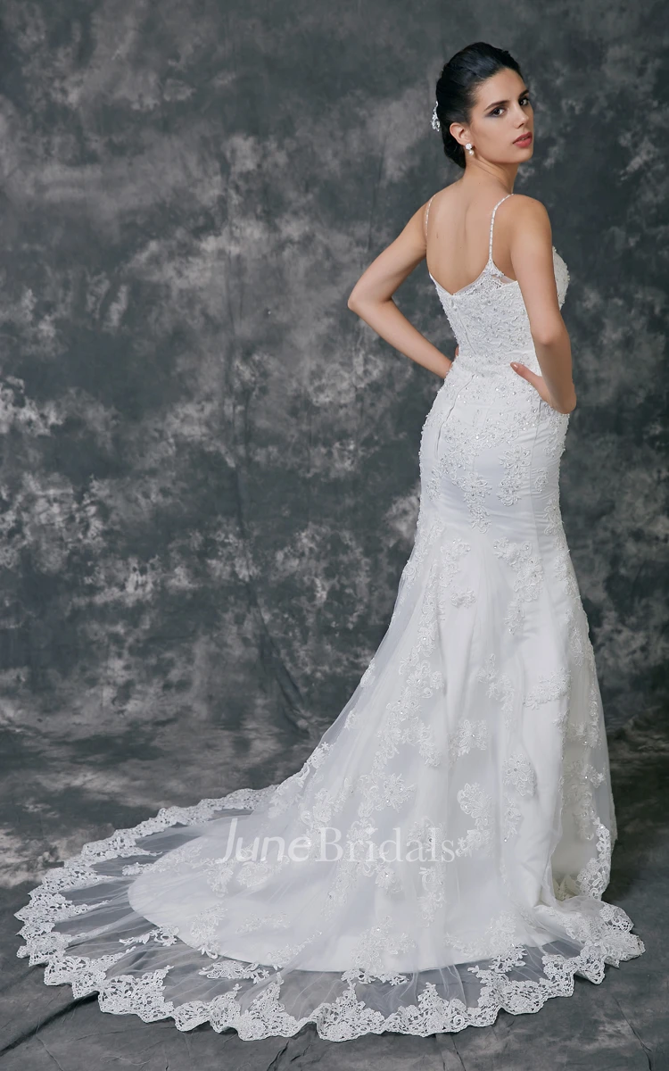 Lace V-Neck Sheath Dress With Spaghetti Straps and Beadings