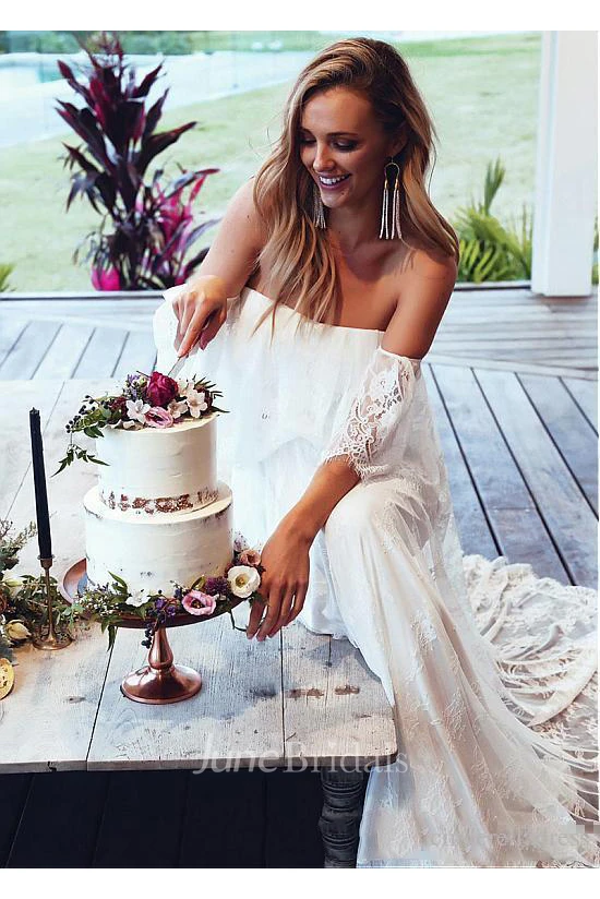 Boho Lace Brush Train Short Sheer Sleeve A-Line Destination Wedding Dress