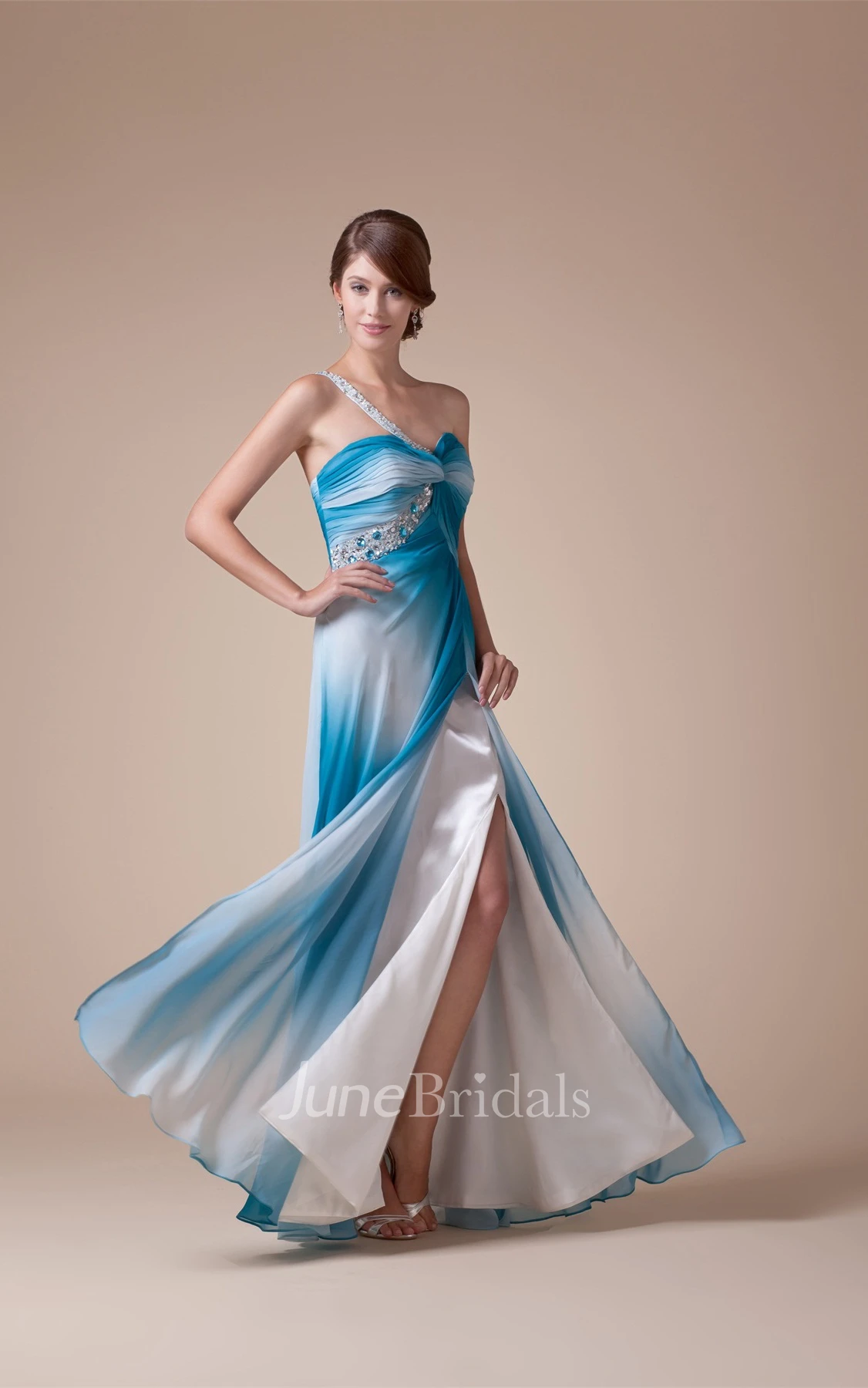 Two-Tone Sweetheart Front-Split Dress with Beading and Single Strap