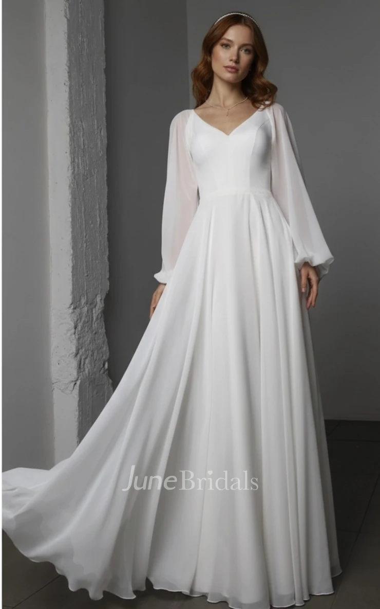 Simple Romantic Women's Long Sleeve A-Line Maxi Winter Wedding Dress Formal Flowy V-Neck Zipper Back Petite Floor Length Reception Bridal Gown
