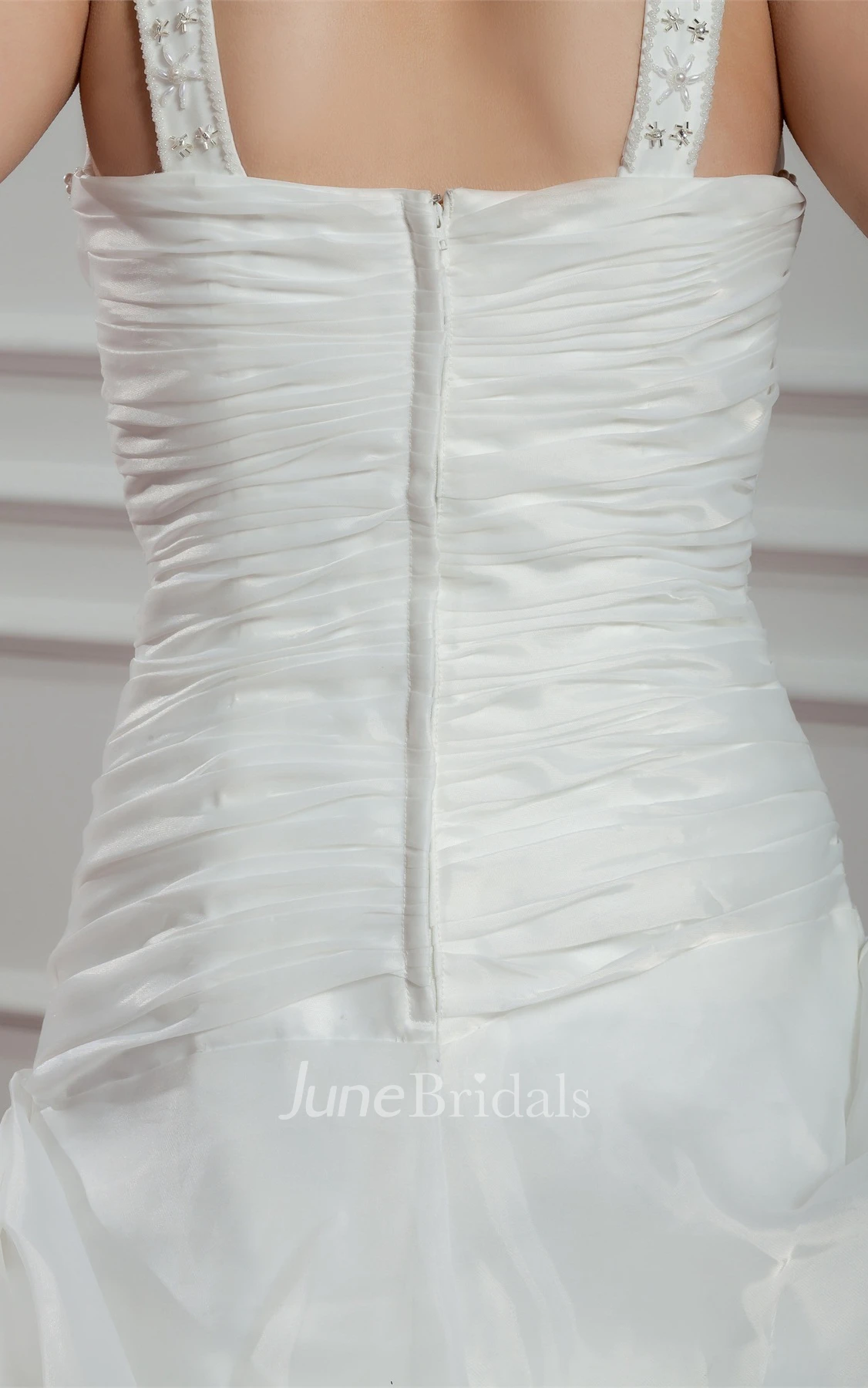 Strapped Pick-Up A-Line Gown with Beading and Ruched Bodice
