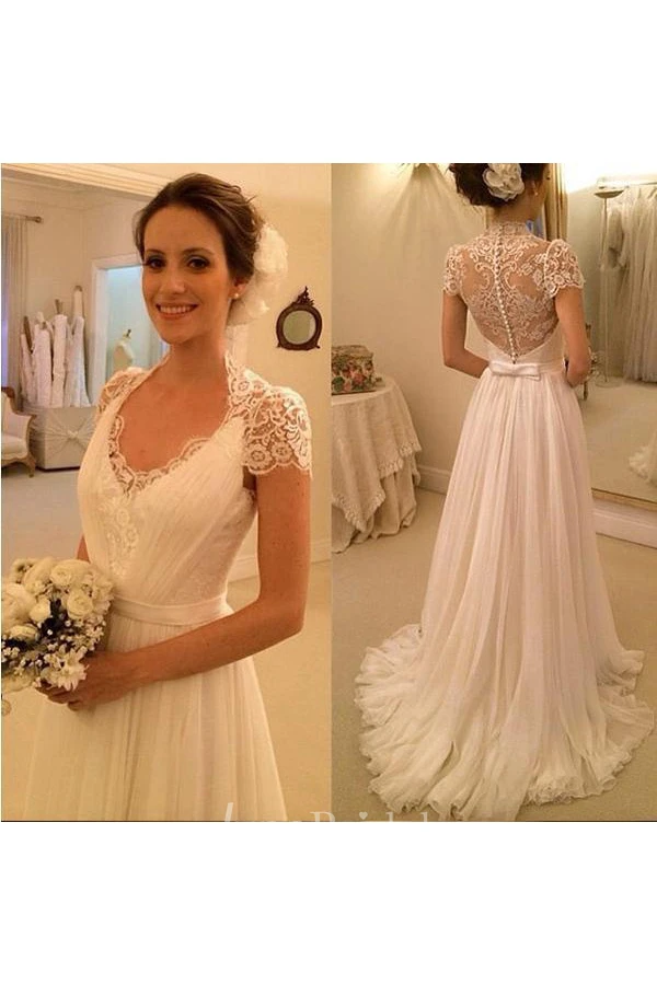 Elegant Scoop Cap Sleeve Chiffon Wedding Dress With Lace