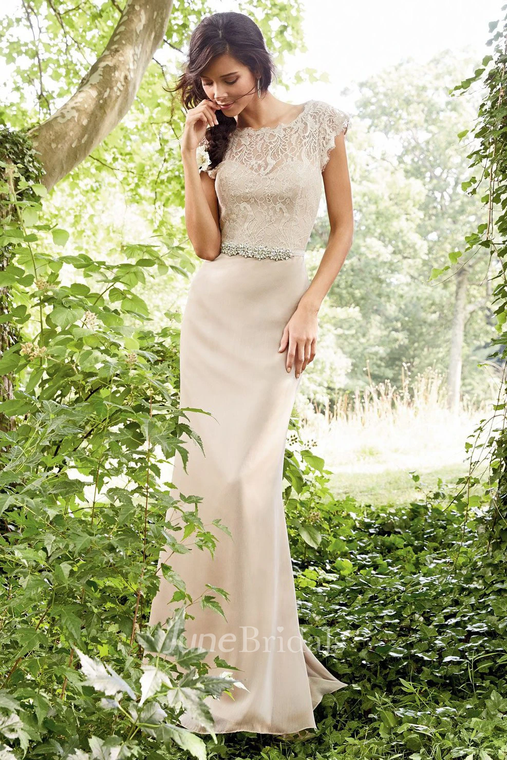 Sheath Bateau Neck Cap Sleeve Lace Chiffon Bridesmaid Dress