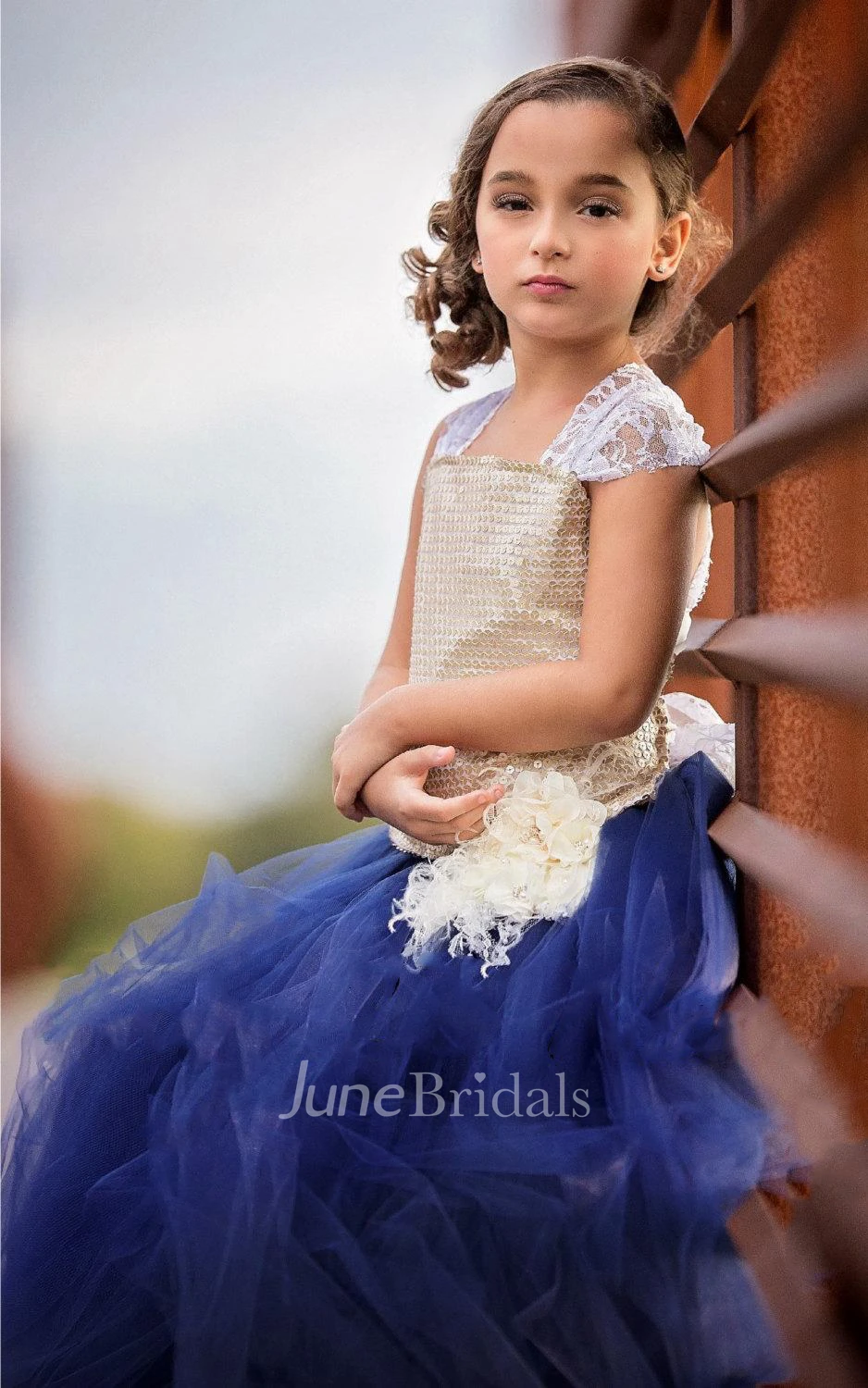 Strapped Tulle Dress With Sequins&Flower Sash Ribbon