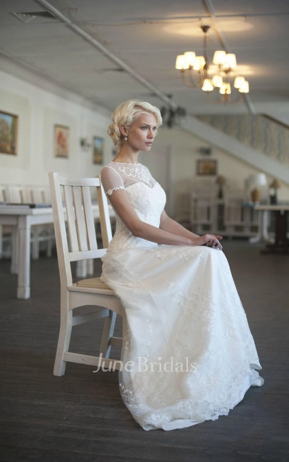 Rustic Lace Ivory Satin Bridal With Train Dress