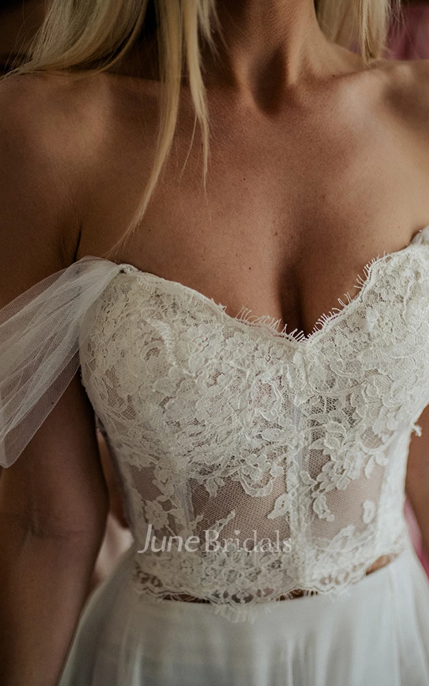 Two Piece Off-the-shoulder Lace Winter Wedding Dress With Cross Back And Split Front