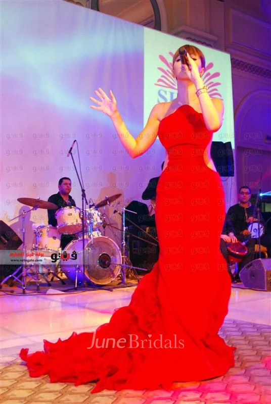 Attractive Red Mermaid Ruffles Evening Dress Court Train Sleeveless