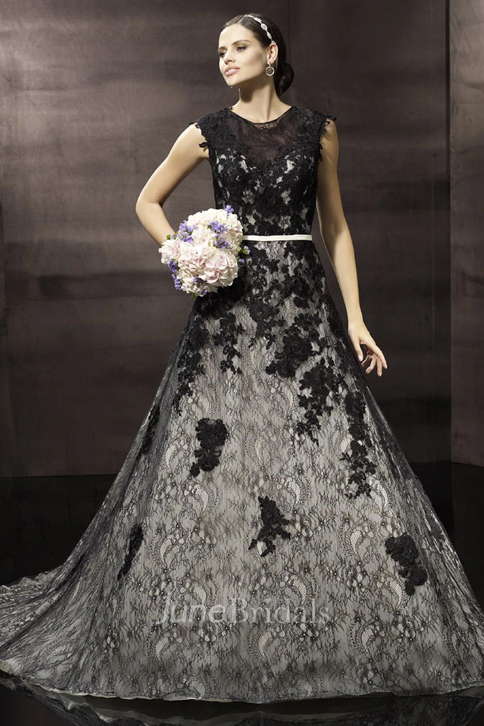 A-Line Scoop Sleeveless Long Appliqued Lace Wedding Dress With Court Train And Zipper Back