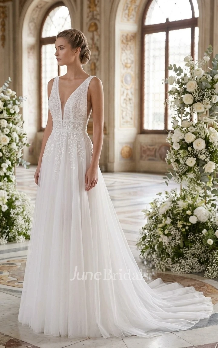 Whimsical Modern A-Line Boho Lace Tulle Spring Wedding Dress Floral Ethereal Plunging Neckline Deep-V Back Sequins Appliqued Bridal Gown
