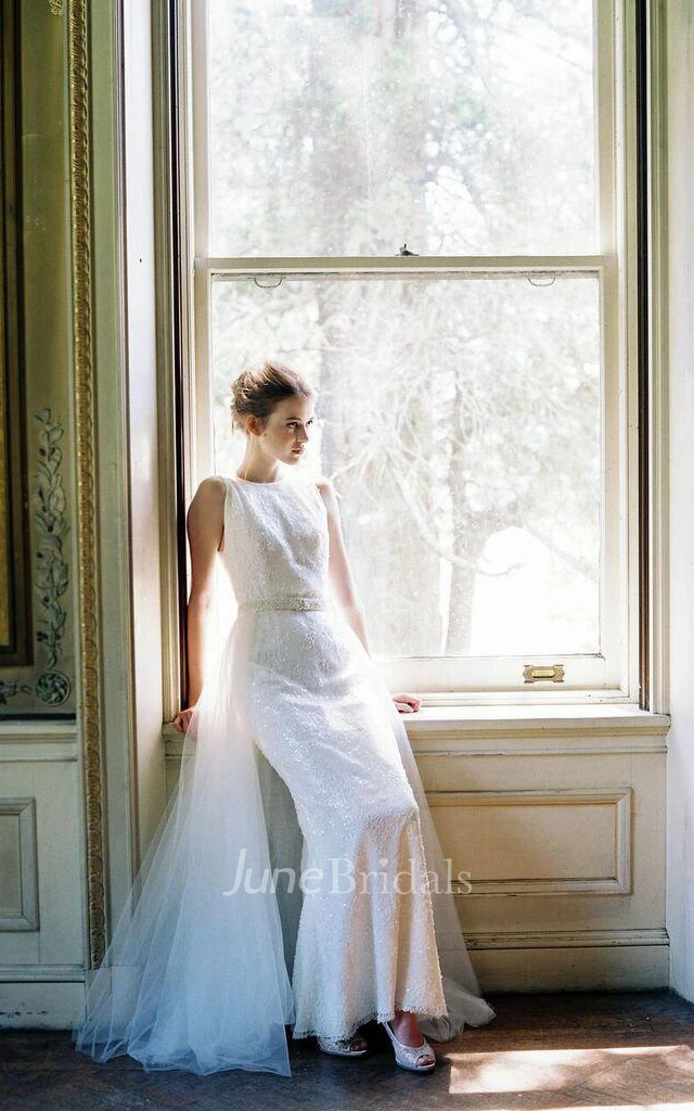 Jewel Sleeveless Lace Pencil Dress With Detachable Train