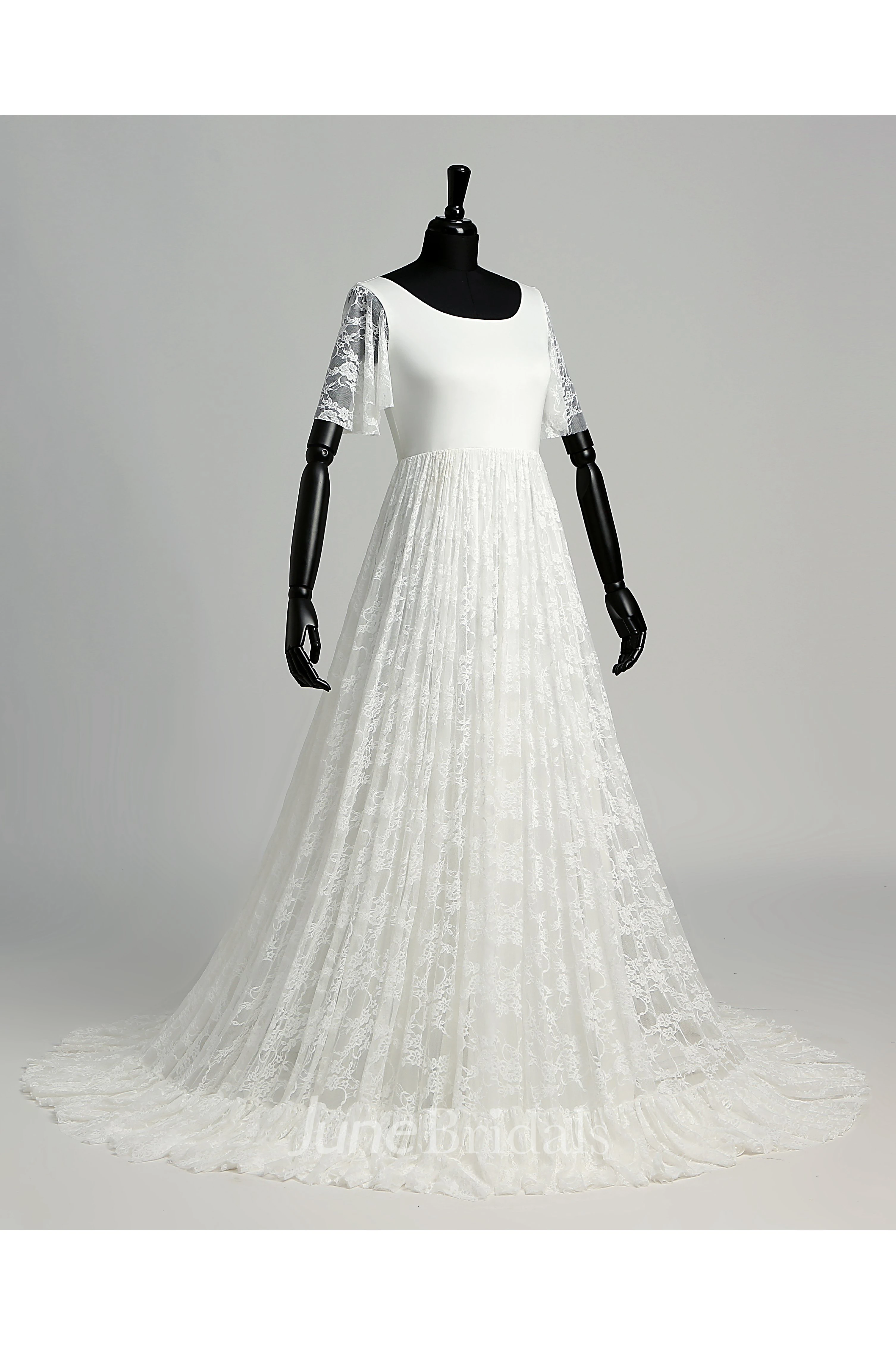 Floor-length Sweep/Brush Train A-line Scoop Illusion Short Sleeve Satin Lace Weeding Dress