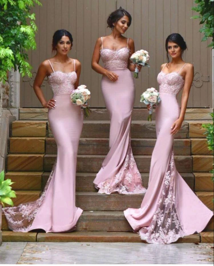 Newest Spaghetti Strap Mermaid Lace Bridesmaid Dress Sweep Train