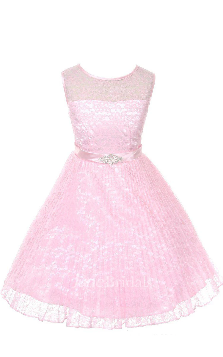 A-line Sleeveless Jewel Neck Lace Dress With Satin Belt