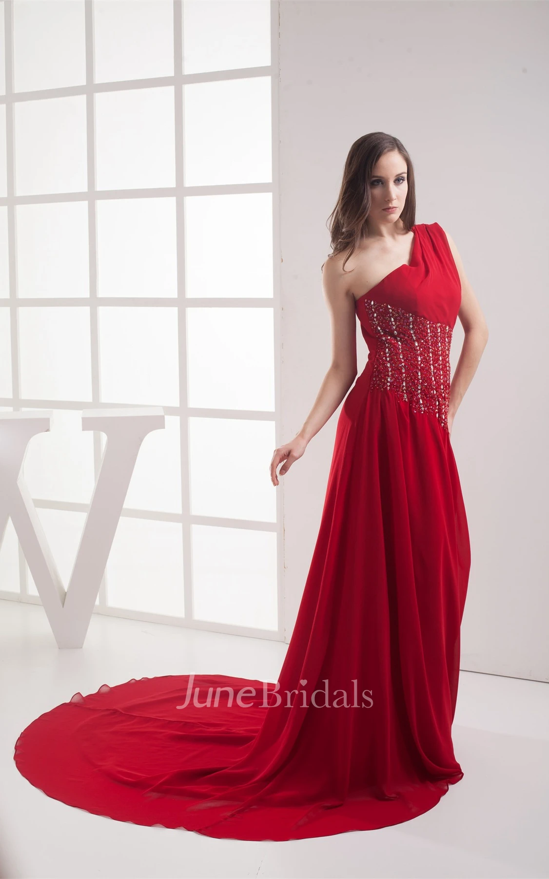 Flay Asymmetrical Chiffon Maxi Dress with Pleats and Gemmed Waist