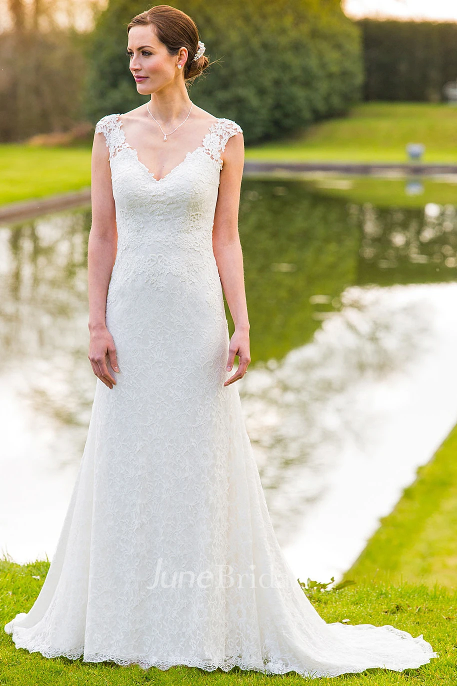 V-Neck Maxi Appliqued Cap-Sleeve Lace Wedding Dress With Sweep Train And Illusion