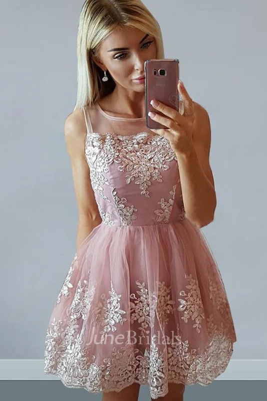 A-line Bateau Sleeveless Appliques Pleats Ruching Short Mini Lace Homecoming Dress