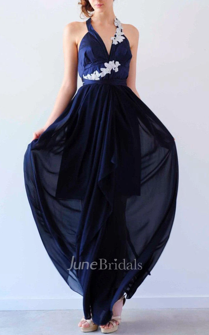 Deep V Neck Halter Backless Navy Blue Dress