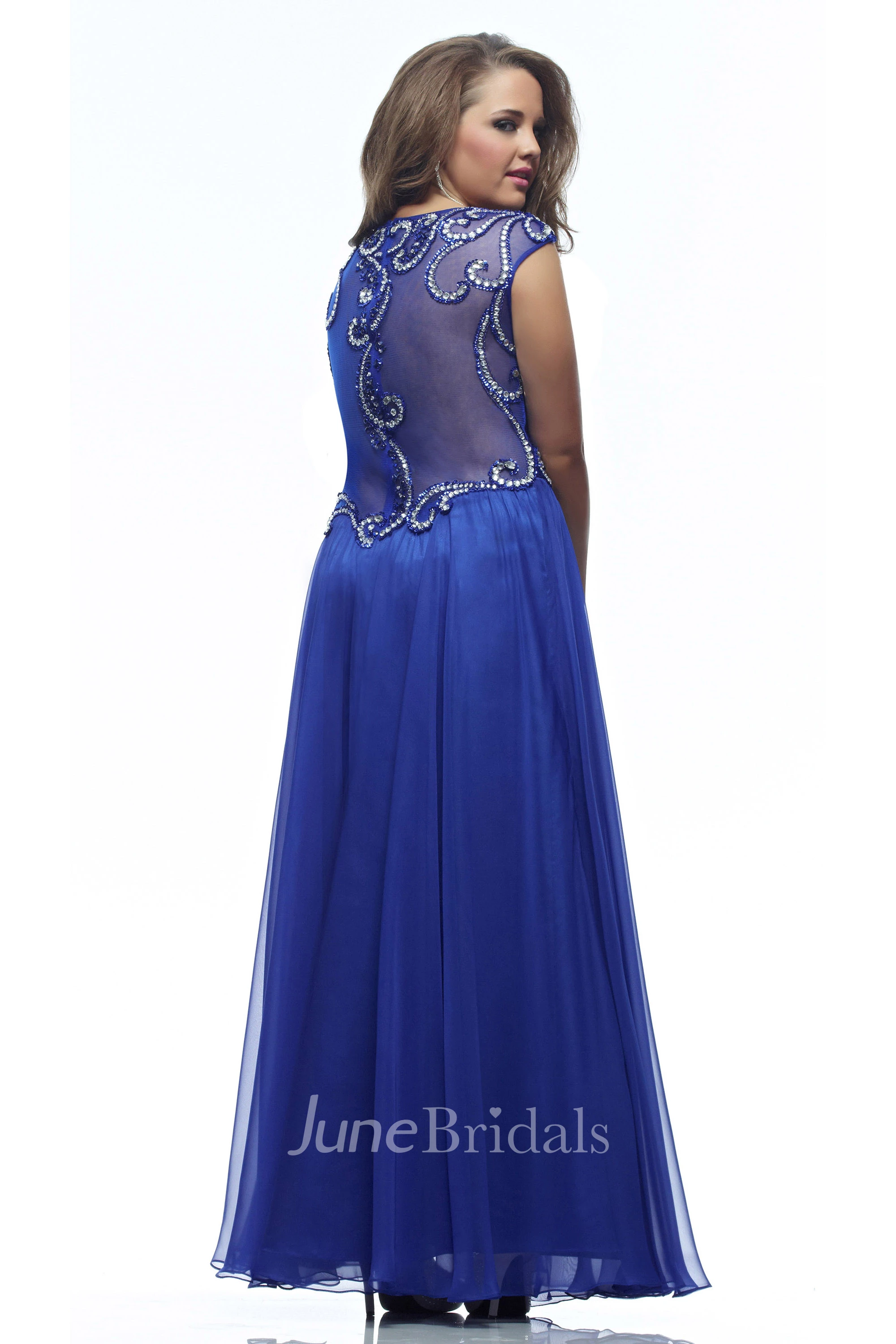 A-line Ankle-length V-neck Cap Jersey Beading Pleats Illusion Dress