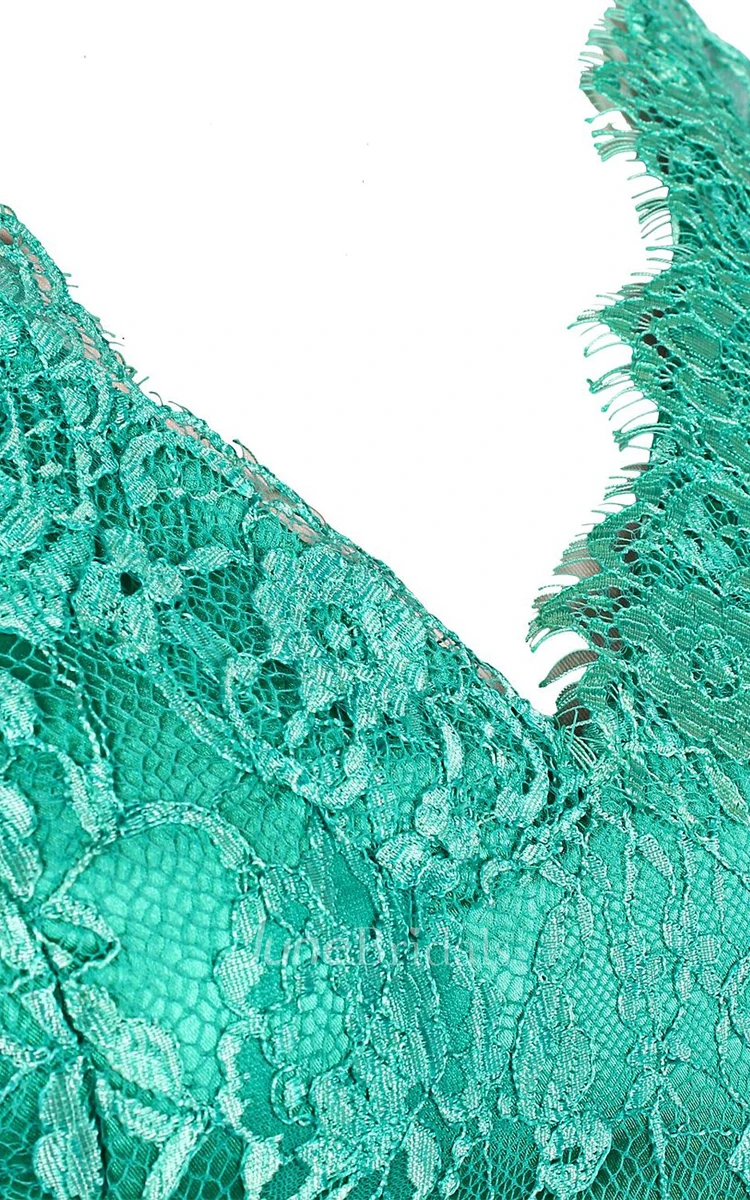 V-neckline A-line Dress With Lace Bodice and Belt