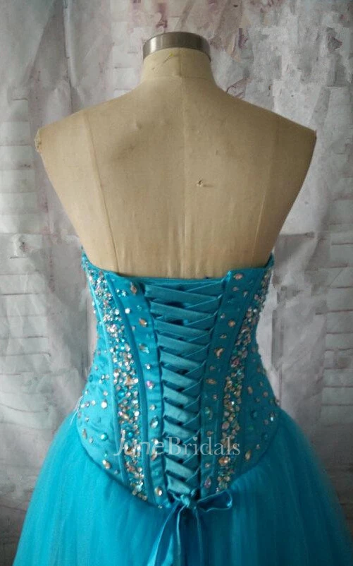 Long Strapless Tull Corset Dress With Beading And Lace-up Back