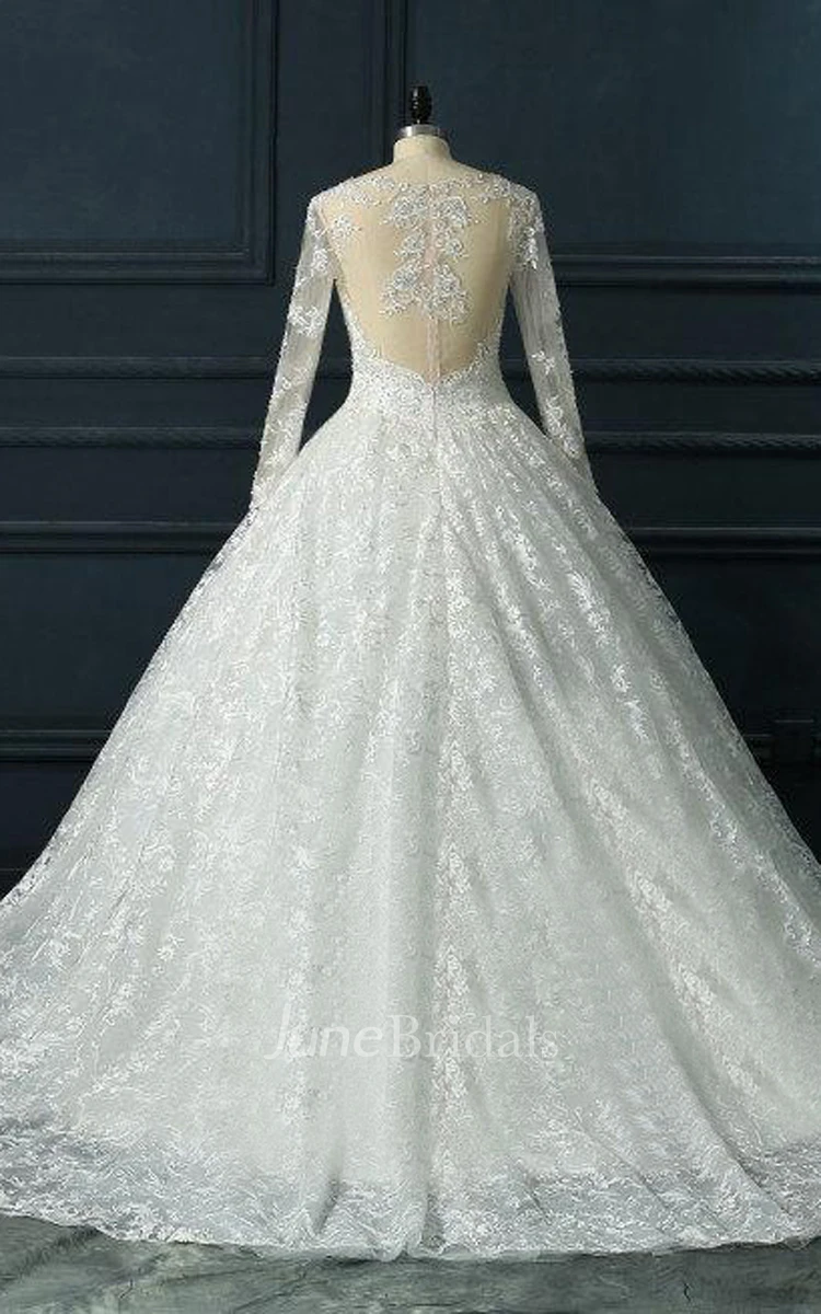 Long Sleeve Cathedral Train Tulle Lace Satin Dress With Beading Illusion