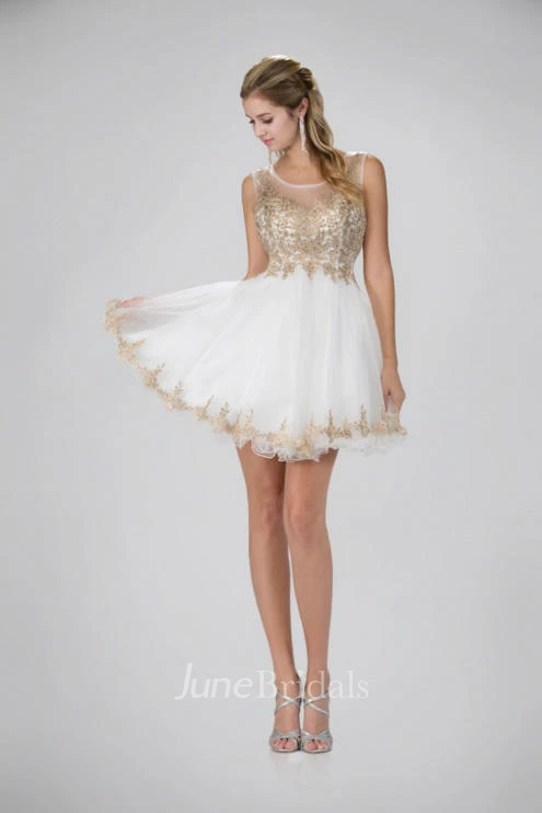 A-Line Short Bateau Sleeveless Illusion Dress With Appliques