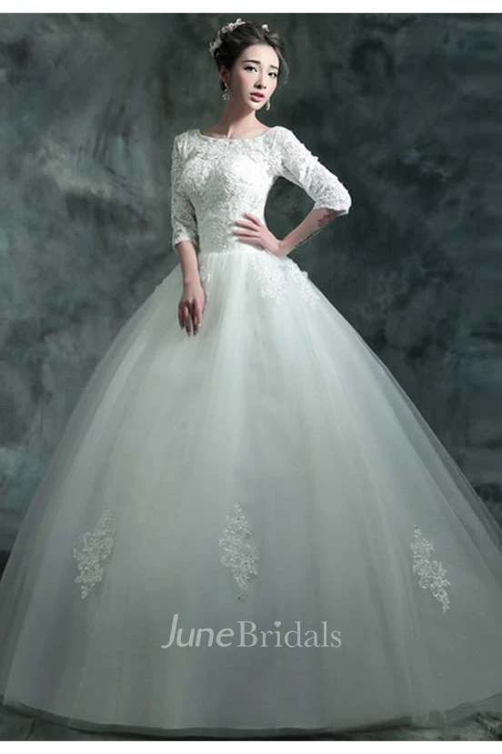 Modern Lace Appliques 3 4-Long Sleeve Wedding Dress Sweep Train