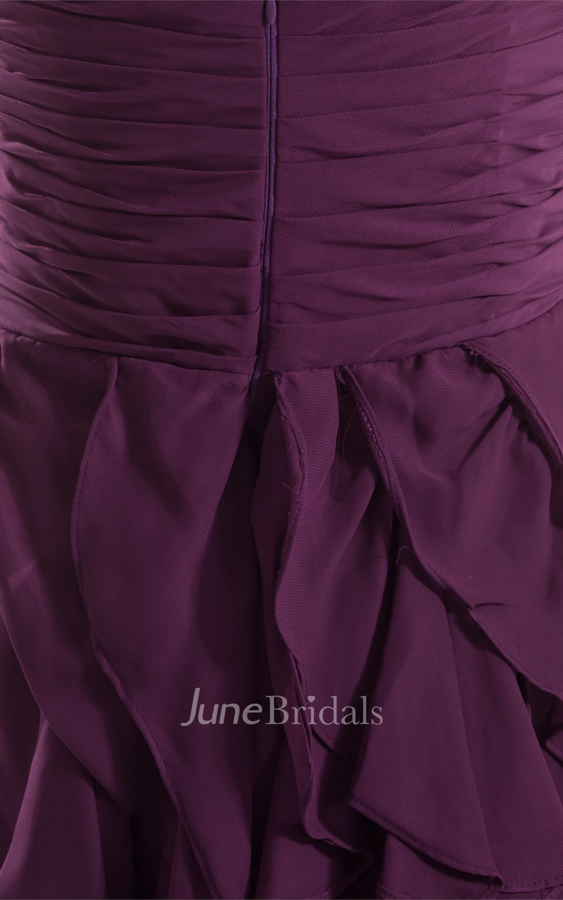 chiffon ruched high-low dress with cascading ruffles and beading