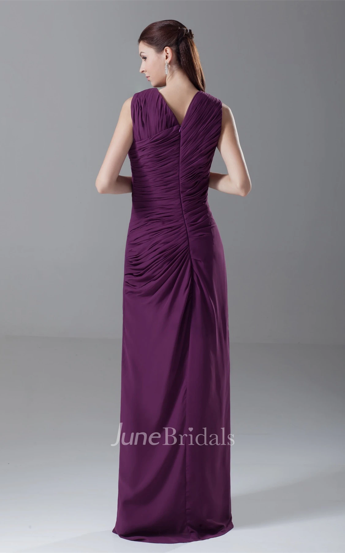 Sleeveless Chiffon Front-Split Dress with Ruching and Beading