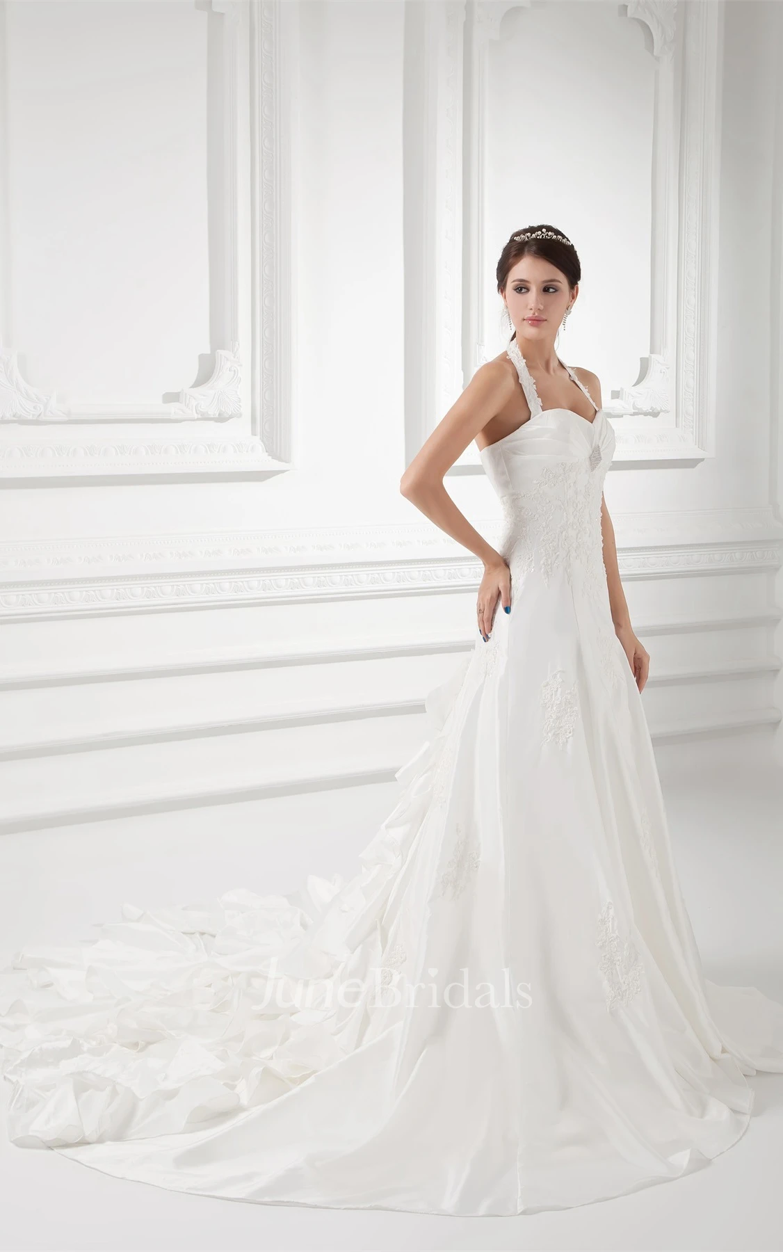 haltered maxi a-line gown with appliques and broach