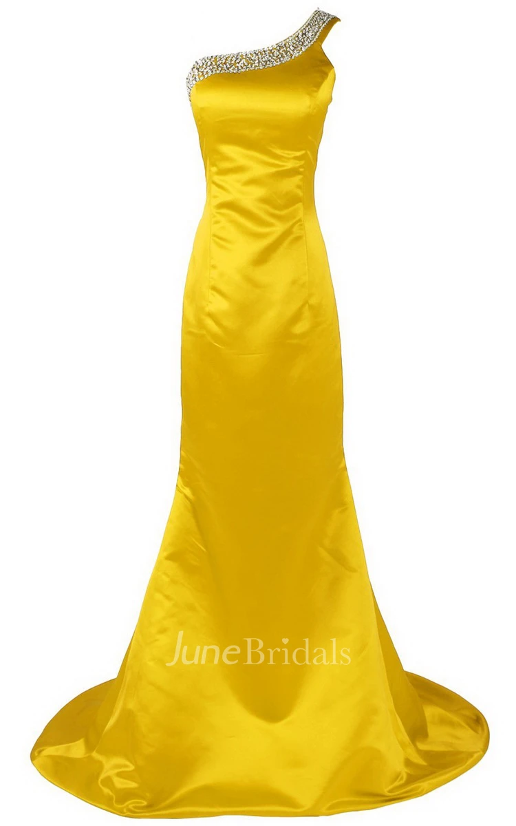 One-shoulder Long Satin Dress With Beaded Neckline