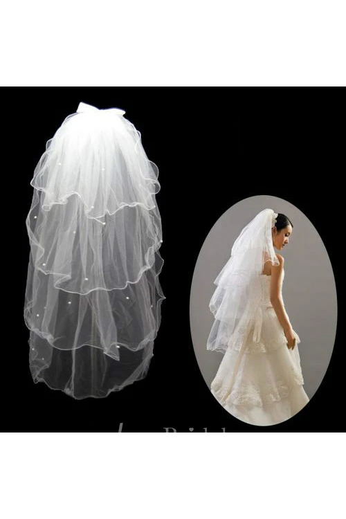 Short Double-Layered Fluffy Wedding Veil with Beading