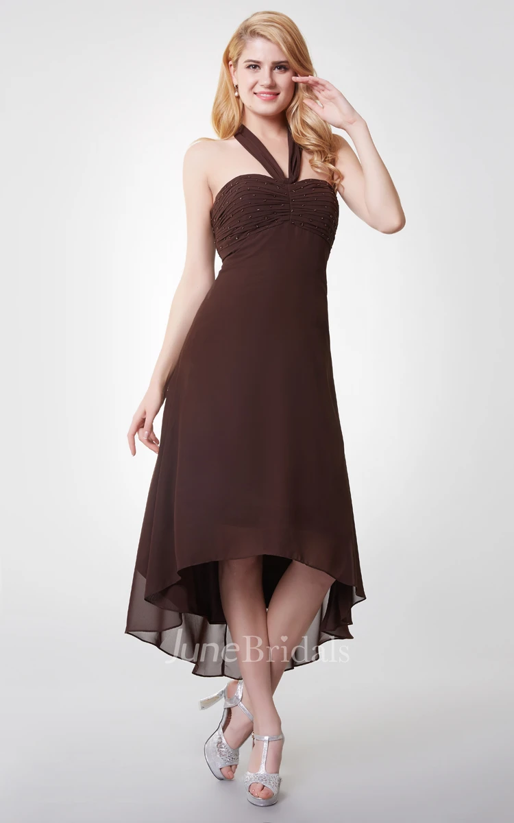 Shinning Sleeveless Empire Waist Tea-length Chiffon Dress With Ruching
